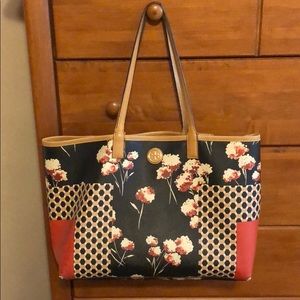 Tory Burch Floral and Polka Dot Tote - Black, Red, Tan